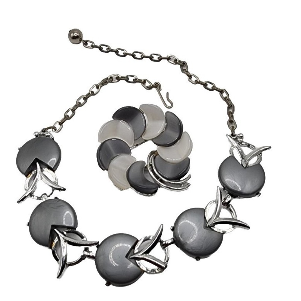 Lisner Vintage Retro Modernist Metallic Lucite Disc Choker Necklace Brooch Set